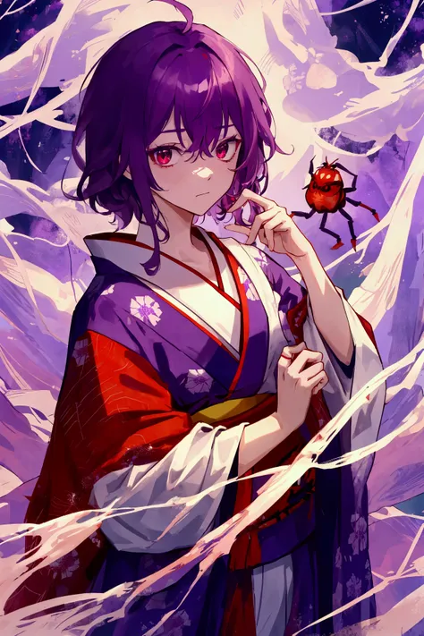 HDR,UHD,8K, best quality, masterpiece, Highly detailed, Studio lighting, physically-based rendering, 1youngman, solo, a kimono, red and purple. colorful, red and purple hair and spiders, kimono costume, spiderwebs, bandages, red eyes, purple hair,(sad), wh...