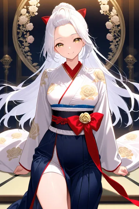 masterpiece、whole body、 Beautiful Woman、 white hair、 golden eyes、 centered 、 long hair、 long dress 、 shorts 、smile、Droopy eyes、 、Good posture、 Rose、Forehead、 kimono