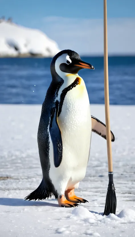  best quality,  super high definition , ( photorealistic:1.4),  RAW photo,A cute penguin standing in a snowy outdoor setting, holding an oversized fishing rod and a bucket. The penguin looks slightly off-balance but determined, with an adorable and clumsy ...