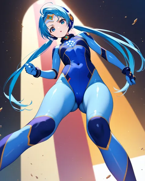 ultiblue, flat chest, blue bodysuit,low twintails, frontal shot, cowboy shot, solo, from below, fighting, looking at viewer, score_9, score_8_up, score_7_up, score_6_up, score_5_up, score_4_up, source anime, masterpiece, best quality, high detailed , (no b...