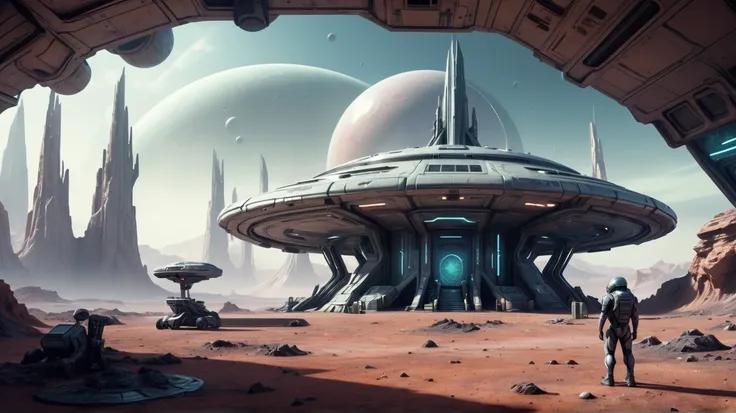 A big military futuristic outpost in an alien planet. Inside of the outpost is visible. Extraterrestrial environment in the background. 