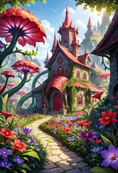 purple and red flowers in a garden with rocks and a stone building, fantasy magical vegetation, ( ( fantasy plants ) ), enchanted plants, magical plants, huge flame fantasy plant, very surreal garden, magical garden plant creatures, surreal waiizi flowers,...