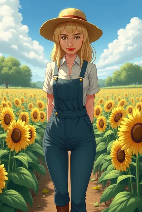 1girl. {{gigantic breasts}}. (button gap:1.1) overalls. vegetable field. straw hat. Farm woman. linen shirt. small shirt. button shirt. leather boots. folding one's arms blond hair. slut. full body. slim. plump thighs.