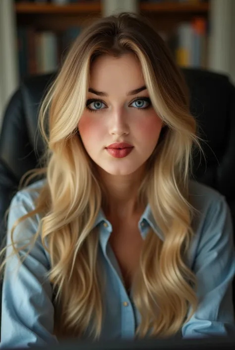 Beautiful girl with long blonde hair ,  detailed eyes , nose, And ,  professionally dressed lips , sitting in her office,  using her computer, HP  (  best quality ,4K,8k, highres, Great painting:1.2), highly detailed lips ,(really,photoreally,photo-really:...