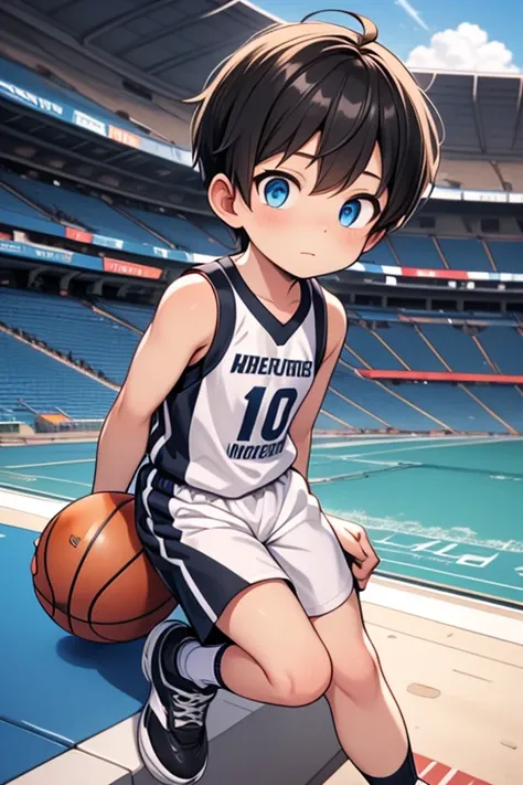 Great quality of work, high detail, neatness, result 3_ boy dressed as a basketball player, black hair, blue eyes, satisfied shoes, stadium background, best quality 