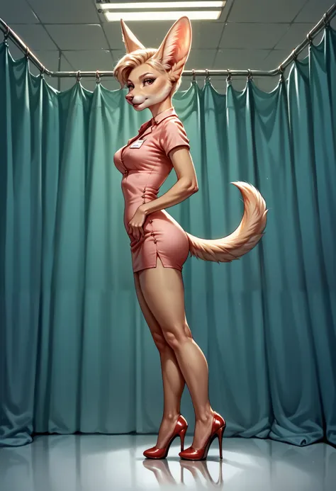 furry fennec , Female, mini dress, high heels, side view, lecherous look, 1 Female, Near angle, short haircut, doctor, hospital, detailed background