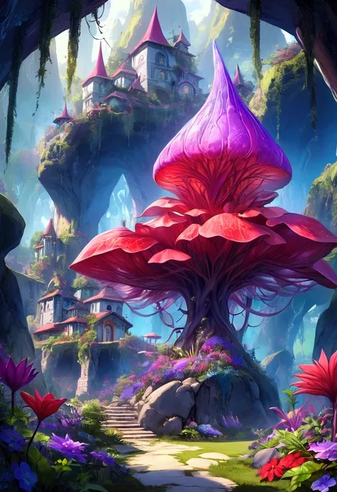 purple and red flowers in a garden with rocks and a stone building, fantasy magical vegetation, ( ( fantasy plants ) ), enchanted plants, magical plants, huge flame fantasy plant, very surreal garden, magical garden plant creatures, surreal waiizi flowers,...