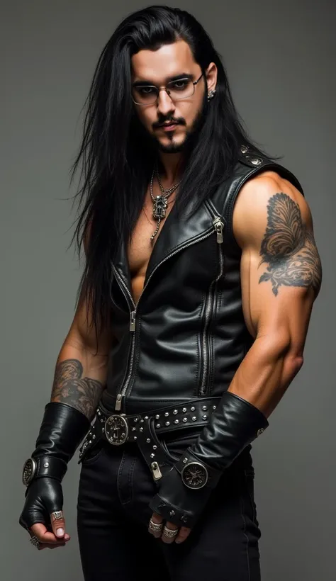 A metal singer,he has a muscular and athletic build, with long black hair down to his shoulders. His face has hard features, with a prominent jawline and a sharp gaze. His eyes are dark brown or black, with a sharp gaze like a feather. On his face there is...