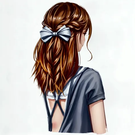 "A delicate and charming girl in a cozy winter scene, perfect for a feminine children’s apparel design. She has light brown hair styled into an elegant braid, adorned with a large, soft pastel-colored bow tied at the end of the braid. Her face is delicate ...