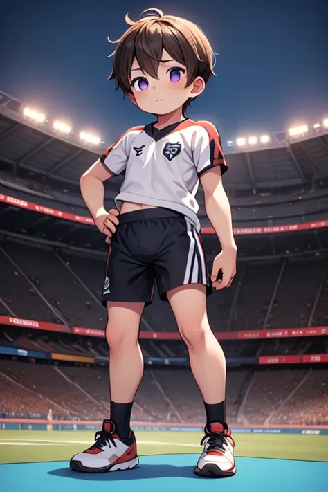 The quality of the work is wonderful, the details are high, the accuracy of the result 4_ A boy wearing a player’s clothes, shoes, satisfied, purple eyes, short hair, stadium background, the best quality 