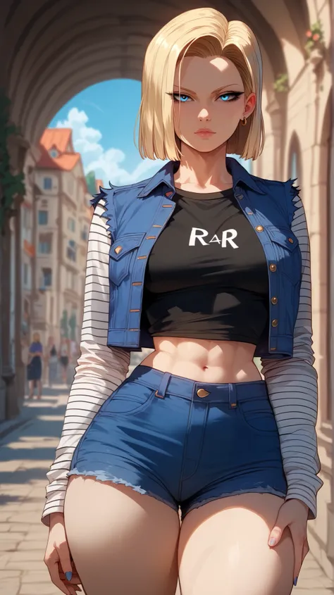 Android 18 style,  perfect eyes,  perfectly sexy face, ultra detailed,  ultra perfect eyes ,  big beautiful woman , standing, dark blue shorts, Body,  Looking at the viewer,