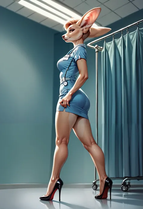 furry fennec , Female, mini dress, high heels, side view, lecherous look, 1 Female, Near angle, short haircut, doctor, hospital, detailed background