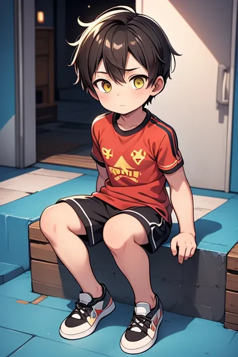 Excellent work quality, high detail, accuracy, result 4_Boy wearing red shirt, star logo, satisfied shoes, yellow eyes, colorful background, great work 