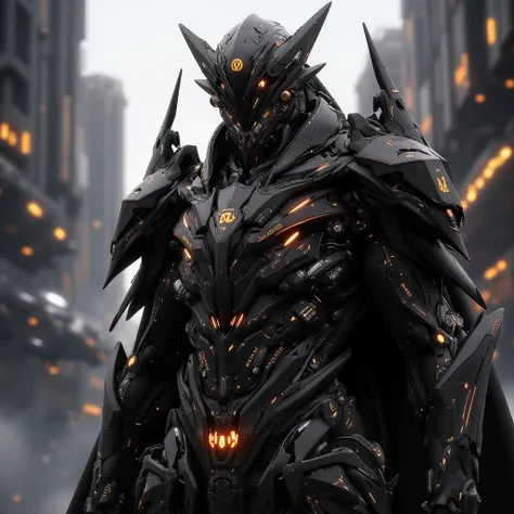 Futuristic knight with black and orange armor with WFLS written on it