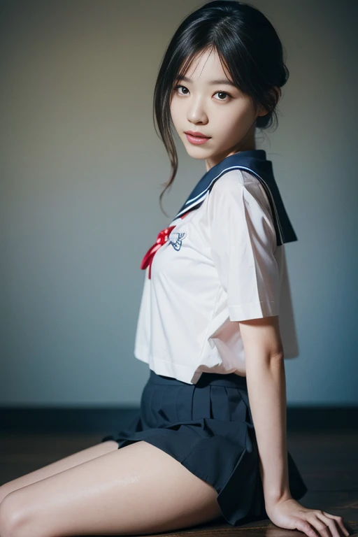 (Masterpiece, Best quality:1.4), (Ultra realistic, Photo-realistic:1.2), Full body, (Wearing Sailor suit, short sleeve, Dark navy skirt: 1.2), Natural light, 2 actress, 2 girls, Japanese women, Neat and clean, Nude, (short wavy hair), ponytail, Light brown...