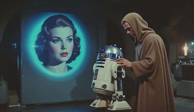 Obi Wan Kenobi with Rd2d ,  who projects Princess Leia, retro. very real image