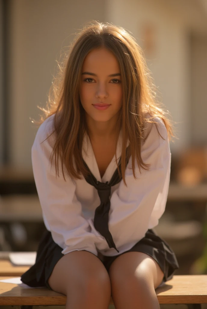 a sexy young woman in a school uniform, beautiful detailed eyes, beautiful detailed lips, extremely detailed eyes and face, long eyelashes, petite body, perfect skin, school girl uniform, pleated skirt, white blouse, necktie, smiling, sitting on a desk, in...