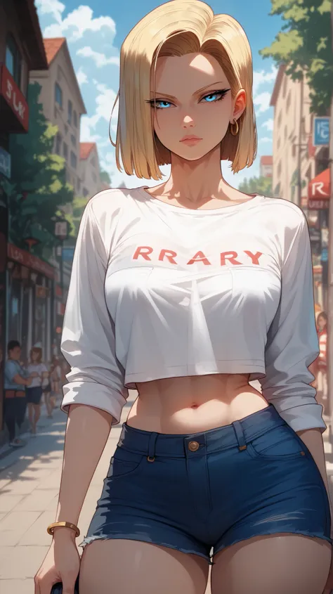 Android 18 style,  perfect eyes,  perfectly sexy face, ultra detailed,  ultra perfect eyes ,  big beautiful woman , standing, dark blue shorts, Body,  Looking at the viewer,