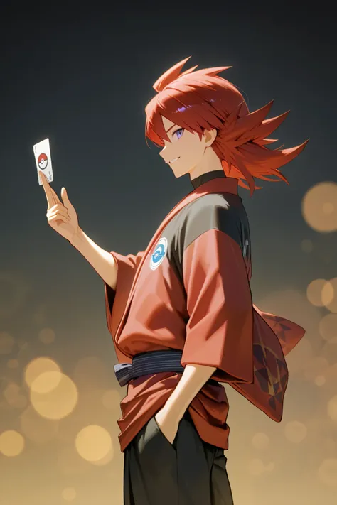 (Rulax: (solo, Man:1.2),red hair,  purple eyes, red yukata, black shirt, oversized black pants), smiling, holding a card with Pokeball logo, side view (Highly detailed, Absurdres, Anatomically correct, Best quality)