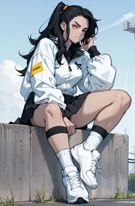 sad angry 1 girl pale skin very long hair black hair yellow eyes full body white zip up wind breaker, Black tennis skirt, black high top tennis shoes, hifh black socks, slouching in sitting position wide legged 