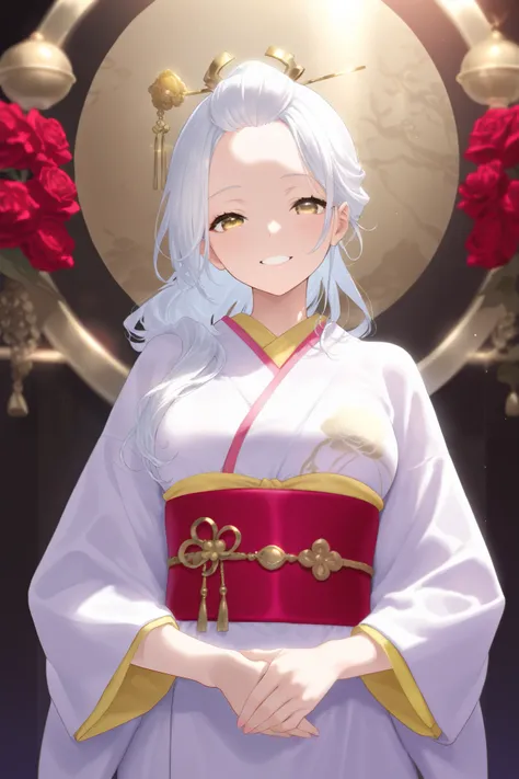 masterpiece、whole body、 Beautiful Woman、 white hair、 golden eyes、 centered 、 long hair、 long dress 、smile、Droopy eyes、 、Good posture、 blue rose 、Forehead、 kimono、geta、Hairpin、 dragon 