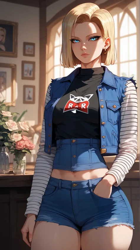 Android 18 style,  perfect eyes,  perfectly sexy face, ultra detailed,  ultra perfect eyes ,  big beautiful woman , standing, dark blue shorts, Body,  Looking at the viewer,