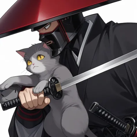 Grey  cat with red and black samurai hat and black katana with red stripe. white background 