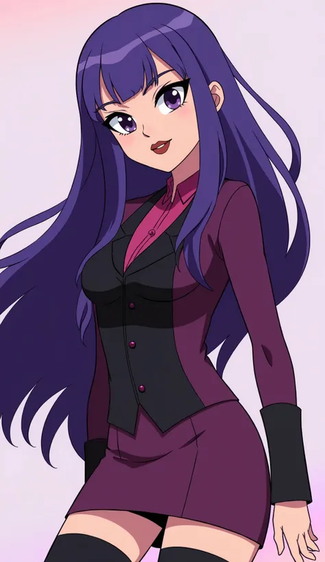  Zatana  from DC Super Hero Girls 2019, long purple hair,  straight purple hair , الشعر البنفسجي اللاwith,  magical purple hair ,  Zatana  is a beautiful age girl with fair skin and a distinctive hourglass figure, شعر سميك أزرق غامق يصل إلى منتصف الفخذ wit...