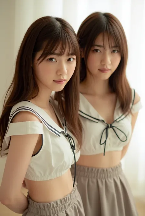 (Masterpiece, Best quality:1.4), (Ultra realistic, Photo-realistic:1.2), Full body, (Wearing Sailor suit, short sleeve, Dark navy skirt: 1.2), Natural light, 2 actress, 2 girls, Japanese women, Neat and clean, Nude, (short wavy hair), ponytail, Light brown...