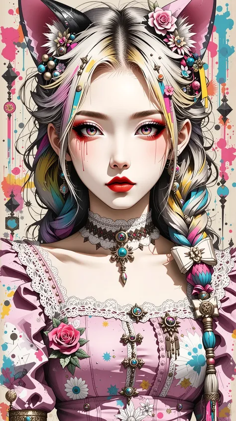 best quality, illustrator anime, Close-up of a long-haired girl wearing cat ears and pink dress, realistic portrait of kawaii, cute colorful cute, anime style. 8k, color]", colorful braids, Guvez style artwork, vibrant fantasy style, cute art style, color ...