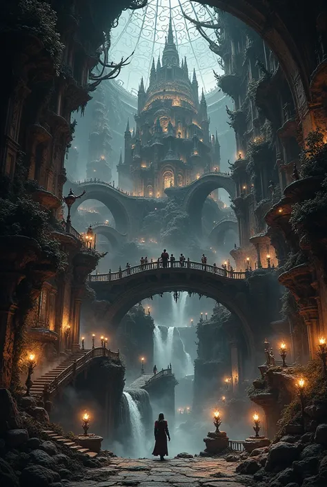 (      best quality  ,8k,   high resolution,Masterpiece:1.2), (   a fusion of dark fantasy and steampunk、The  、people々Walk、waterfalls and cliffs、 like a maze、When I look up at the sky, the bridges are folding、hell、Spherical room  、Pirate Ship、Steam engine ...