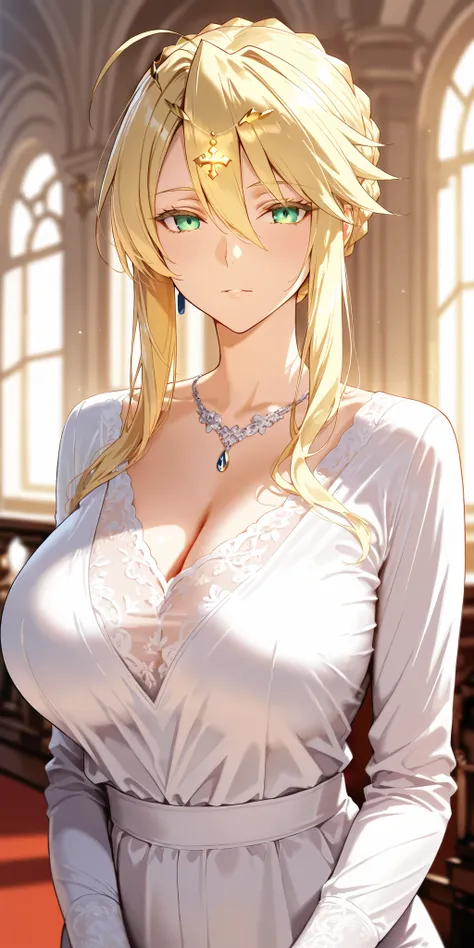 Masterpiece, mature woman, artoria pendragon (Lancer) (fate), slim, upper body, white shirt, long sleeves, graceful, elegant, wise type, ultra detailed, highres, absurdres, white room, portrait