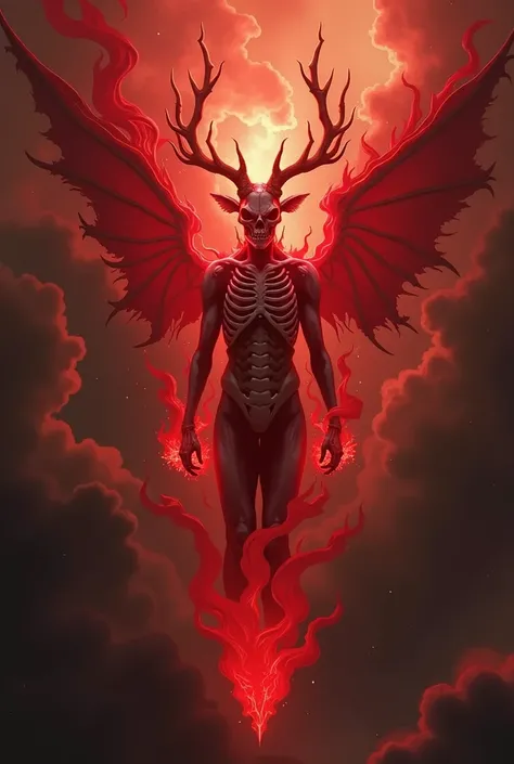 Celestial entity with scarlet red energy made of pure energy with a demonic shape and the head of a deer skeleton with long demon horns but a humanoid body floating in the deformity of space, a skull a little more docile and in the background of outer spac...