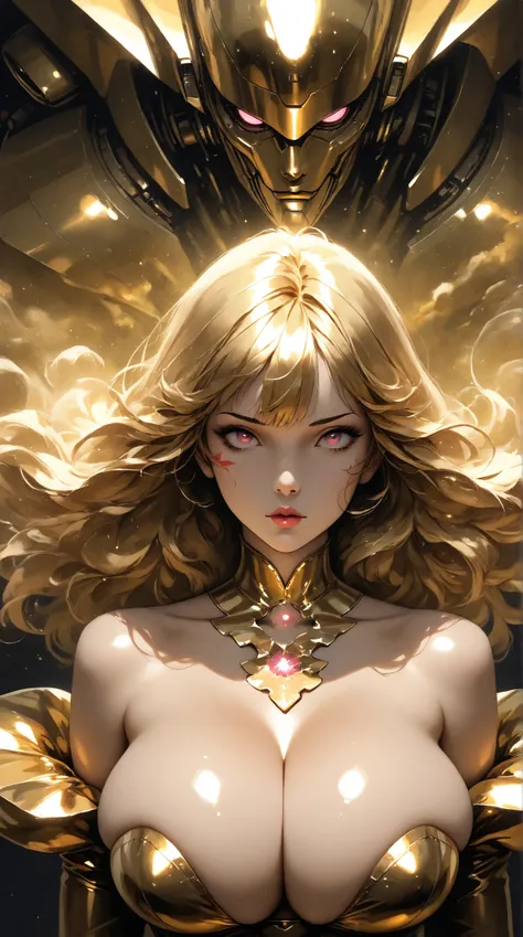 best quality, illustrator anime, ((best quality)), ((masterpiece)), (detailed), perfect face of cyberpunk mecha japanese girl, big pink eyes, shiny gold body, shiny gold hair, ((monochromatic metallic gold color palette)), surreal, in the illustrative styl...