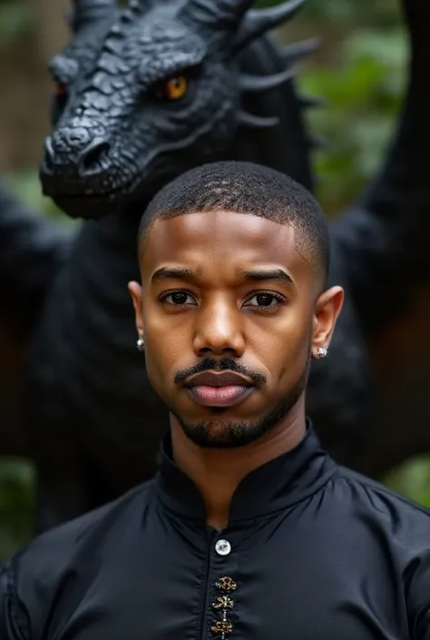 A black boy with black eyes and a black beard. shaded in black and behind a large black dragon. has a mole on his forehead , Medieval clothing 