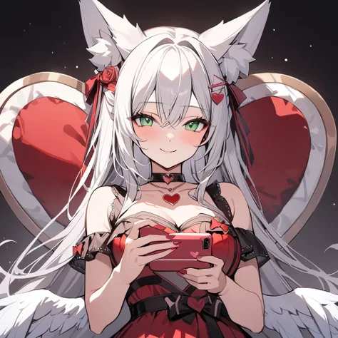 ,vtuber playing mobile game々）,green eyes, heart shaped choker, (masterpiece, highest quality), valentine art, beautiful and aesthetic: 1.2), (1 girl), very detailed, (valentine red art: 1.3), playing mobile game、white long hair、fox  ears、half body, angel w...