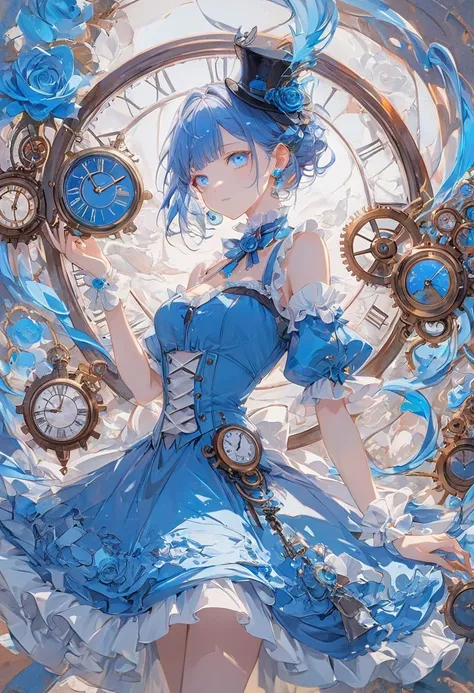 A world where everything is blue, blue color filter effect, a beautiful woman dressed in a dress and behaving gracefully and elegantly, Rococo dress, Rococo worldview, wonderland, various effects. 
fusion of clockpunk, steampunk and dieselpunk. 
fusion of ...