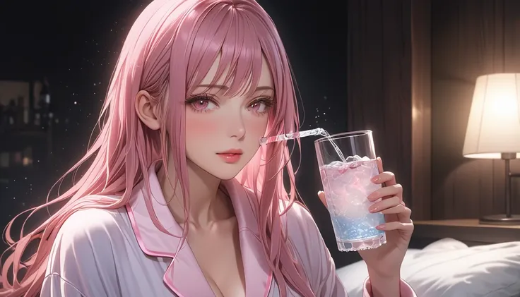 1 woman, semi realistic, Masterpiece, Master work, perfect, mature body, big size breast, straight half body long hair, soft pink colored hair, pink eyes, blush expression face, parted lips, wearing pajama, drink water, in the dark room, high res, ultrasha...