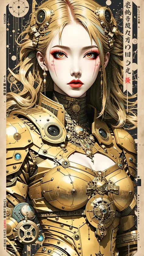 best quality, illustrator anime, ((best quality)), ((masterpiece)), (detailed), perfect face of cyberpunk mecha japanese girl, big pink eyes, shiny gold body, shiny gold hair, ((monochromatic metallic gold color palette)), surreal, in the illustrative styl...