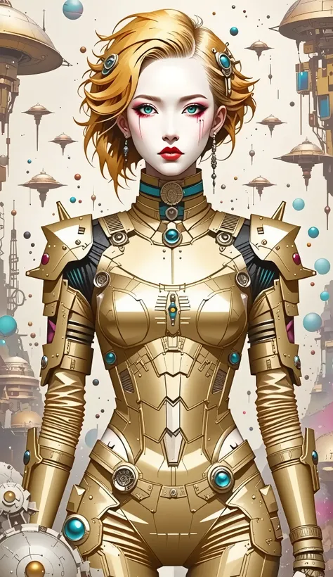 best quality, illustrator anime, ((best quality)), ((masterpiece)), (detailed), perfect face of cyberpunk mecha japanese girl, big pink eyes, shiny gold body, shiny gold hair, ((monochromatic metallic gold color palette)), surreal, in the illustrative styl...