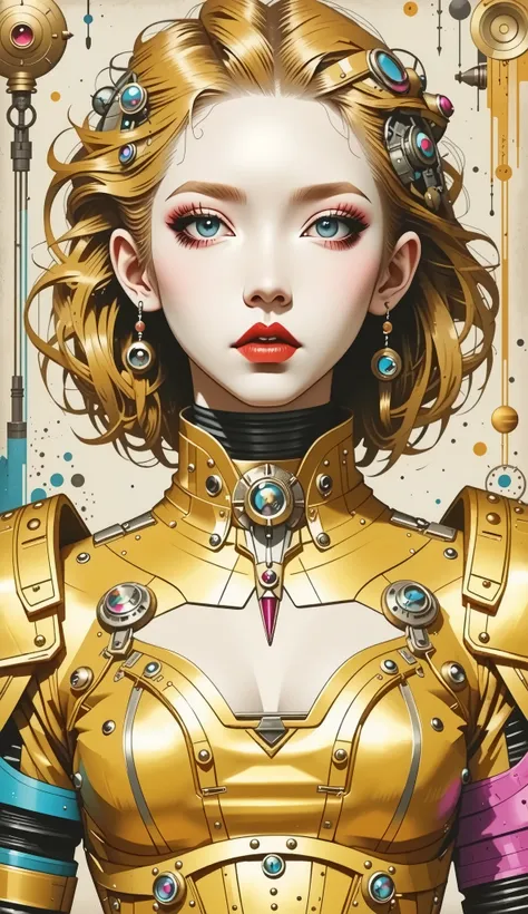 best quality, illustrator anime, ((best quality)), ((masterpiece)), (detailed), perfect face of cyberpunk mecha japanese girl, big pink eyes, shiny gold body, shiny gold hair, ((monochromatic metallic gold color palette)), surreal, in the illustrative styl...