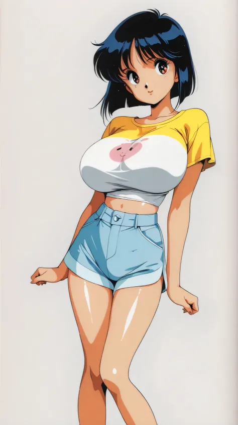 best quality, illustrator anime, cute girl . Very kawaii , round face . alone , Slim , huge breasts , short and small . shiny skin . Pure white tube top T-shirt . shorts . dynamic poses . dynamic angle . No background , White background , looking at the vi...