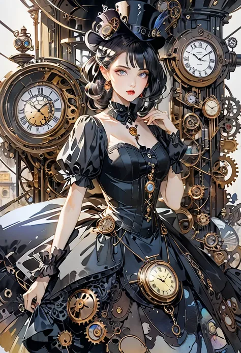 A world where everything is black, black color filter effect, a beautiful woman dressed in a dress and behaving gracefully and elegantly, Baroque dresses, Baroque worldview, wonderland, various effects. 
fusion of clockpunk, steampunk and dieselpunk. 
fusi...