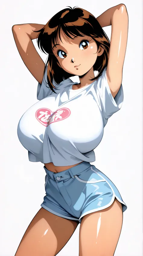 best quality, illustrator anime, cute girl . Very kawaii , round face . alone , Slim , huge breasts , short and small . shiny skin . Pure white tube top T-shirt . shorts . dynamic poses . dynamic angle . No background , White background , looking at the vi...