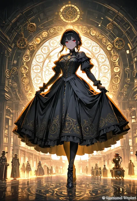 A world where everything is black, black color filter effect, a beautiful woman dressed in a dress and behaving gracefully and elegantly, Baroque dresses, Baroque worldview, wonderland, various effects. 
fusion of clockpunk, steampunk and dieselpunk. 
fusi...