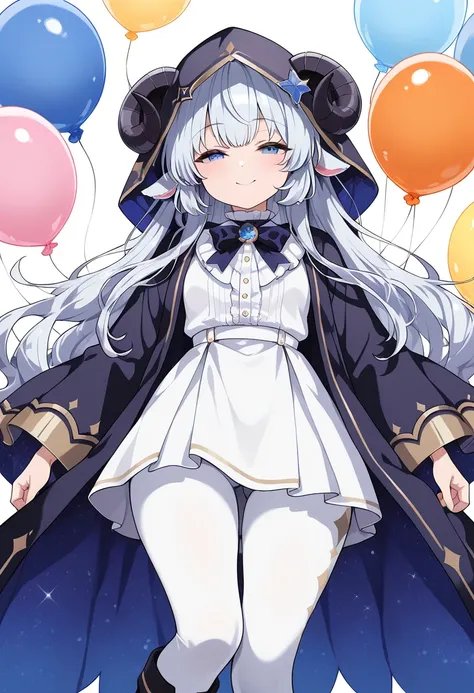 ((masterpiece)),((best quality)),japanese anime style,1 girl,Silver hair with a slight tinge of blue,sleepy eyes of purplish blue,half-closed eyes,sheep horn,beautiful face,perfect body,high neck blouse,balloon sleeve,small star-shaped brooch,A fluffy knee...