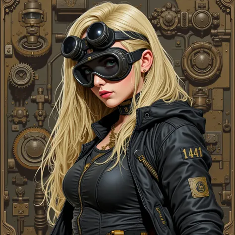 ( best illustrations:1.2), ( masterpiece:1.2 ), (  super detailed), 8k, 16k,  wallpaper,(  steampunk:2.0) ,Female Explorer, wearing cool dark goggles covering her eyes, long bleached blonde hair, sci-fi  , graphic novel  ,  retrofuture,  avant-garde ,Steam...