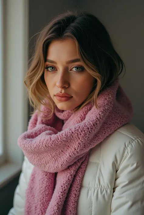 A photographic portrait of a Ukrainian woman with blonde hair with brown streaks making a statement, Pink wool scarf for the cold weather, over a white goose down jacket with elegant lilac tones, leggings for the winter cold in a color matching the jacket ...