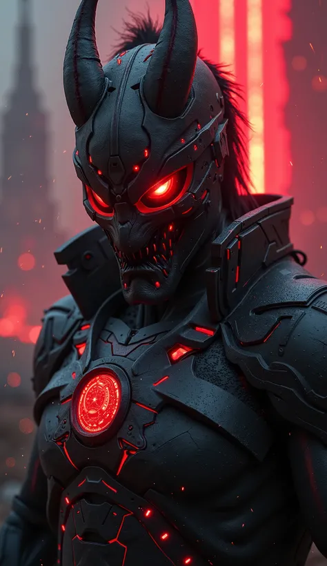 powerfull (demonic creature:1.2), red tech googles, demon mask, androgynous male, strong pose, tech heavy armor, Raiden, metal gear style, lightning effects, thunder effects, dark sky raining, god of thunder, dark hair, infernal city background, tall struc...