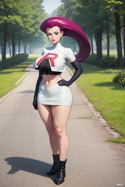 (masterpiece), 1 girl, solo, Absurd, highres, standing, full body shot, bottom up view, Jessie pokemon, slicked back hair, long hair, purple hair, blue eyes, Team Rocket, Team Rocket uniform, white skirt, crop top, thighs, elbow gloves, outdoors, forest, h...